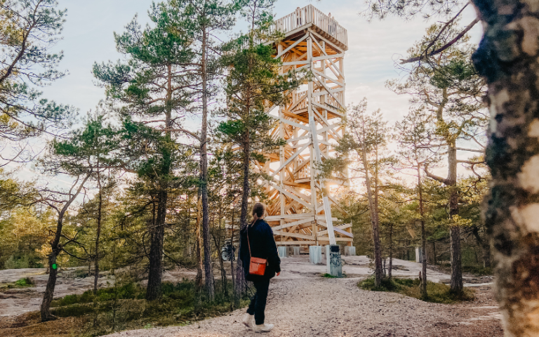 Woman walking nature path in forest during golden hour with wooden tower in front of her