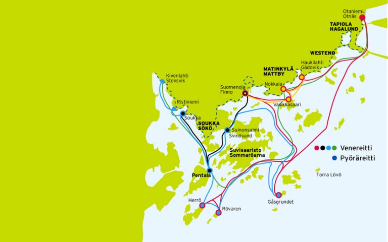 Piirretty Espoon saaristoliikenteen kartta, josta näkyvät saaristoliikenteen reitit.