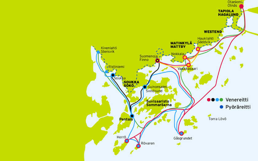 Graphical map of public boat routes in Espoo