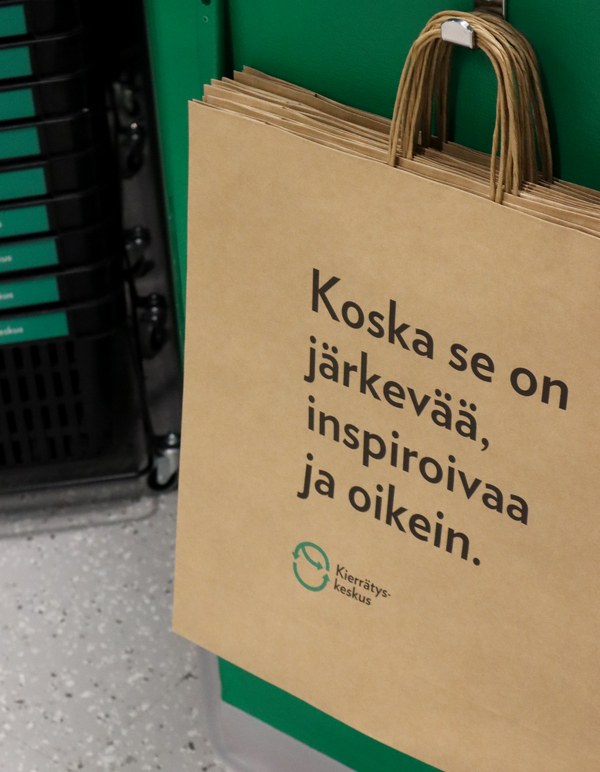 Koukussa roikkuvia ruskeita paperikasseja Ison Omenan Kiepissä.