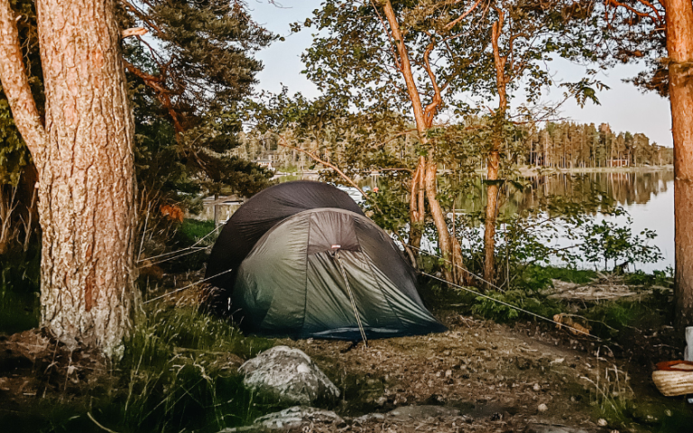 Tent standing with a view to the sea and forest enviroment around